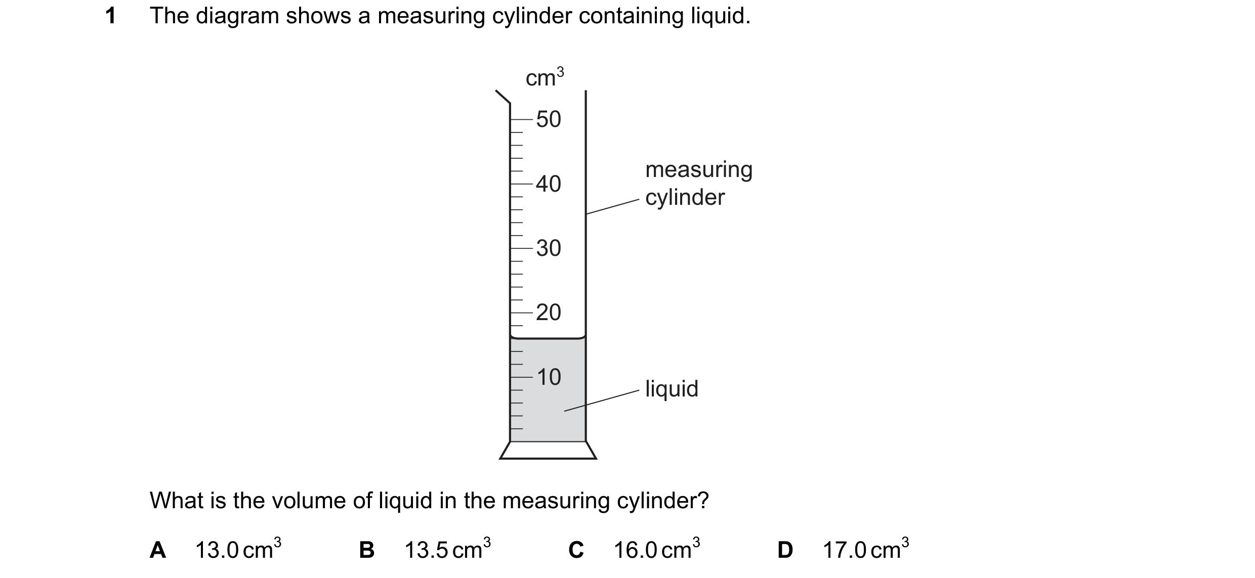 Question 34: The diagram shows a measuring cylinder containing liquid. cm3 50 measuring 40 cylinder 30 20 10 liquid What is the volume of liquid in the …