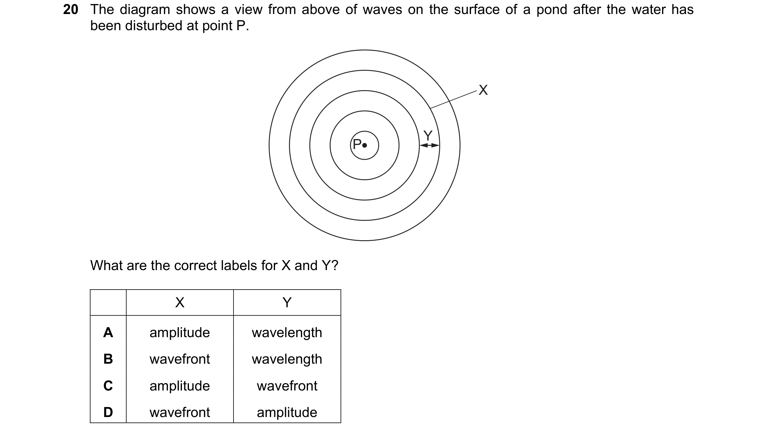 Question 39: The diagram shows a view from above of waves on the surface of a pond after the water has been disturbed at point P. X Y P What are the cor…
