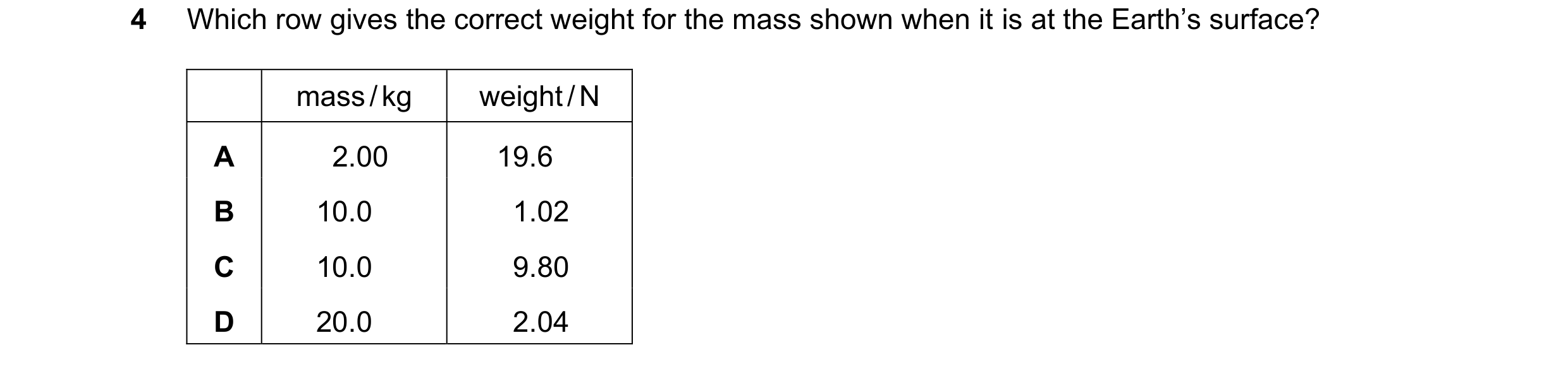 Question 34: Which row gives the correct weight for the mass shown when it is at the Earth’s surface? mass / kg weight / N A 2.00 19.6 B 10.0 1.02 C 10.…