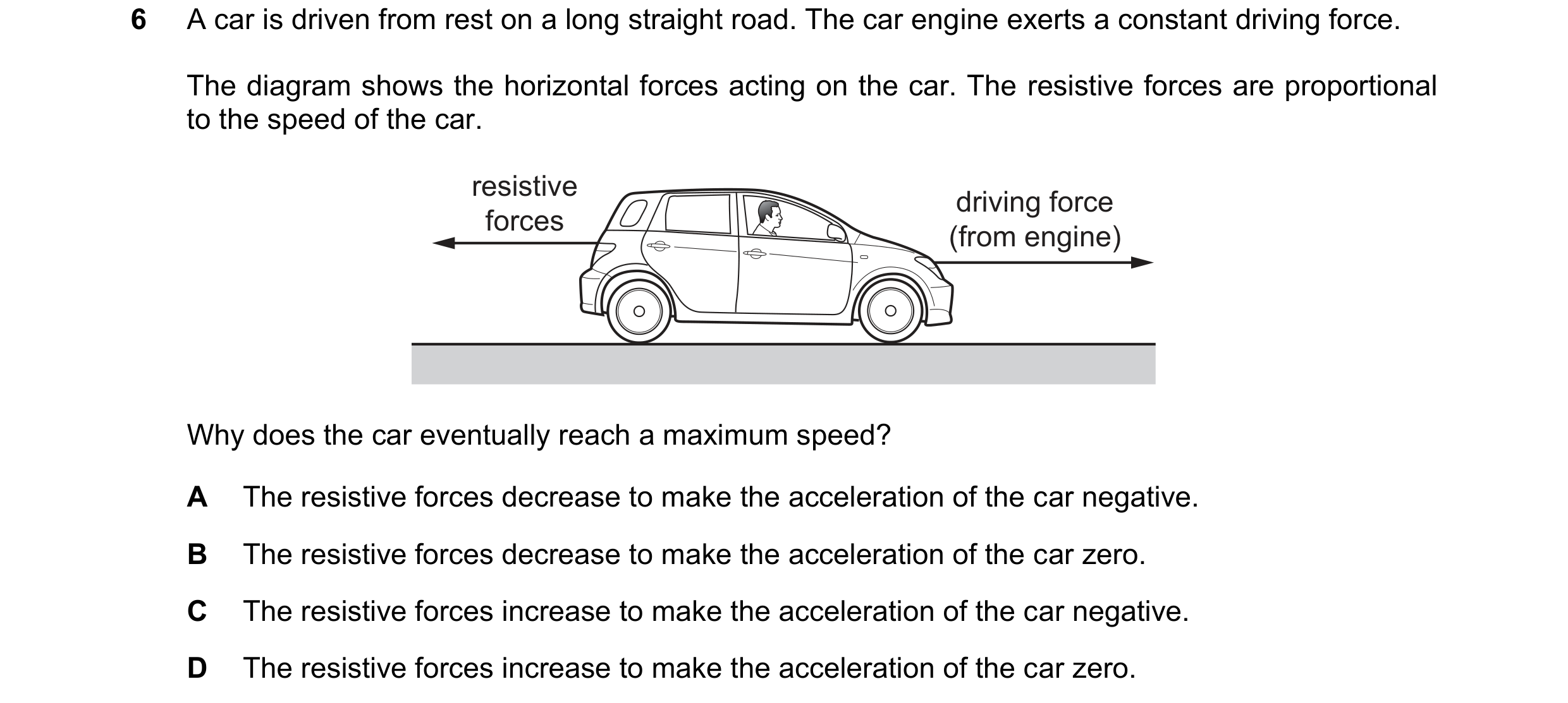 Question 41: A car is driven from rest on a long straight road. The car engine exerts a constant driving force. The diagram shows the horizontal forces …