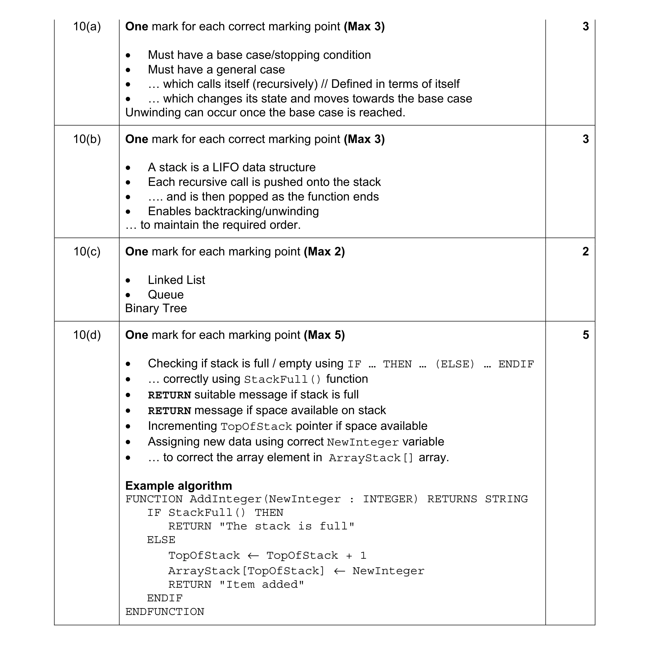 Mark scheme for question 5
