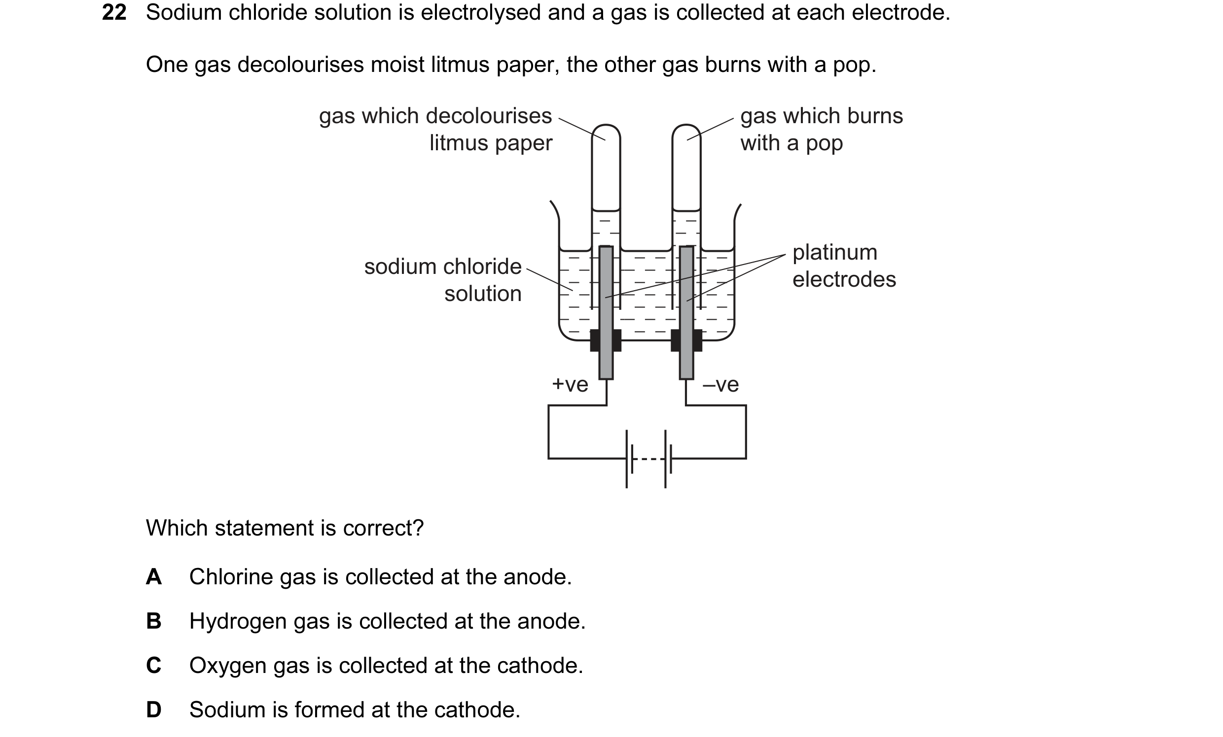 Question 23: Sodium chloride solution is electrolysed and a gas is collected at each electrode. One gas decolourises moist litmus paper, the other gas b…