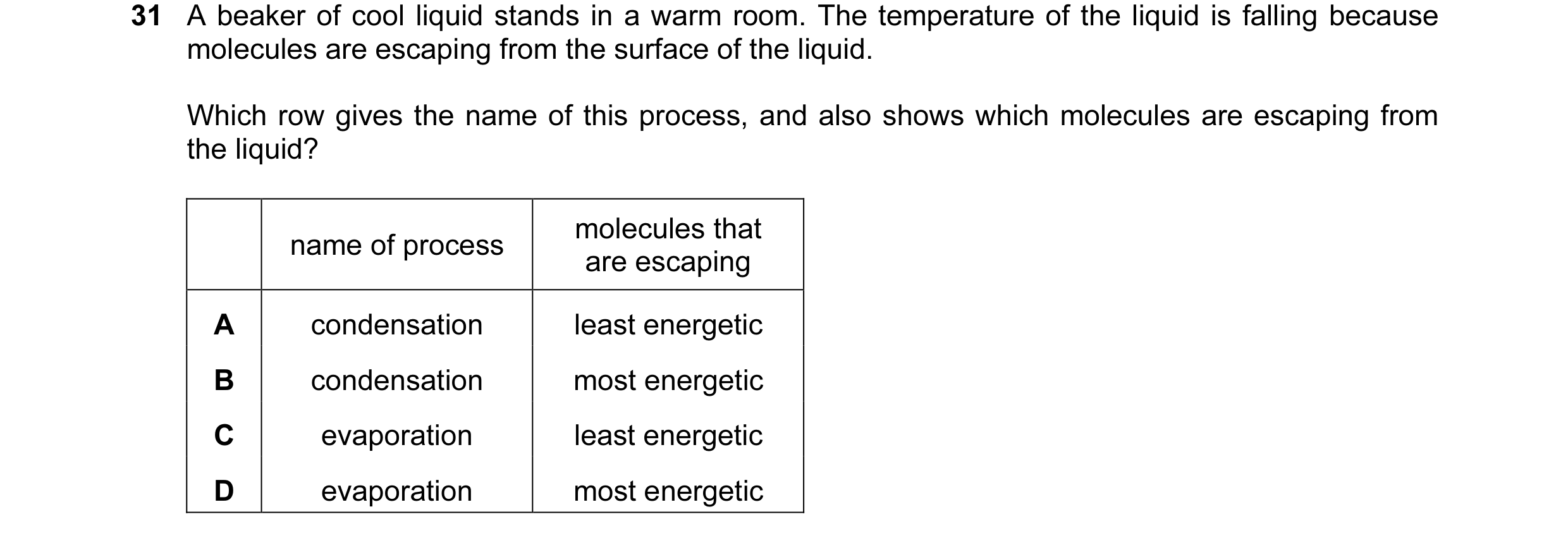 Question 12: A beaker of cool liquid stands in a warm room. The temperature of the liquid is falling because molecules are escaping from the surface of …