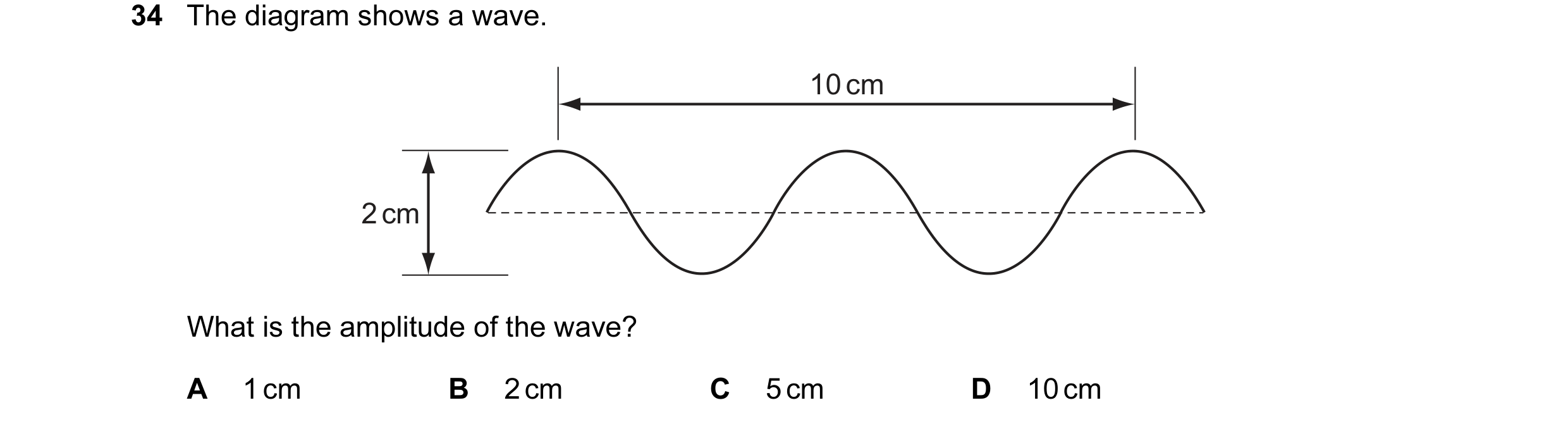Question 14: The diagram shows a wave. 10 cm 2 cm What is the amplitude of the wave? A 1 cm B 2 cm C 5 cm D 10 cm