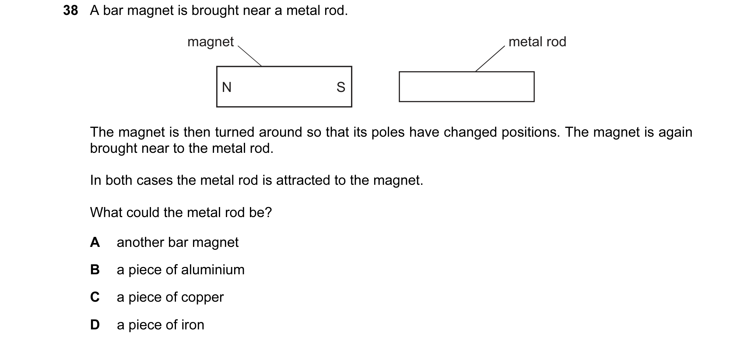 Question 11: A bar magnet is brought near a metal rod. magnet metal rod N S The magnet is then turned around so that its poles have changed positions. T…