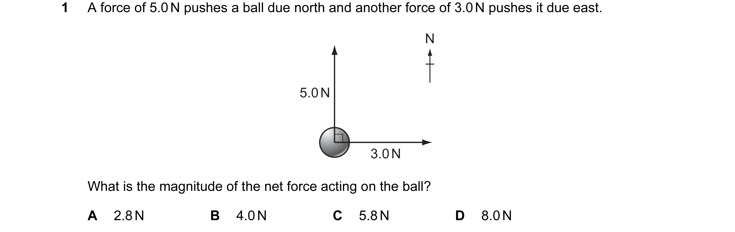 Question 16: A force of 5.0 N pushes a ball due north and another force of 3.0 N pushes it due east. N 5.0 N 3.0 N What is the magnitude of the net forc…