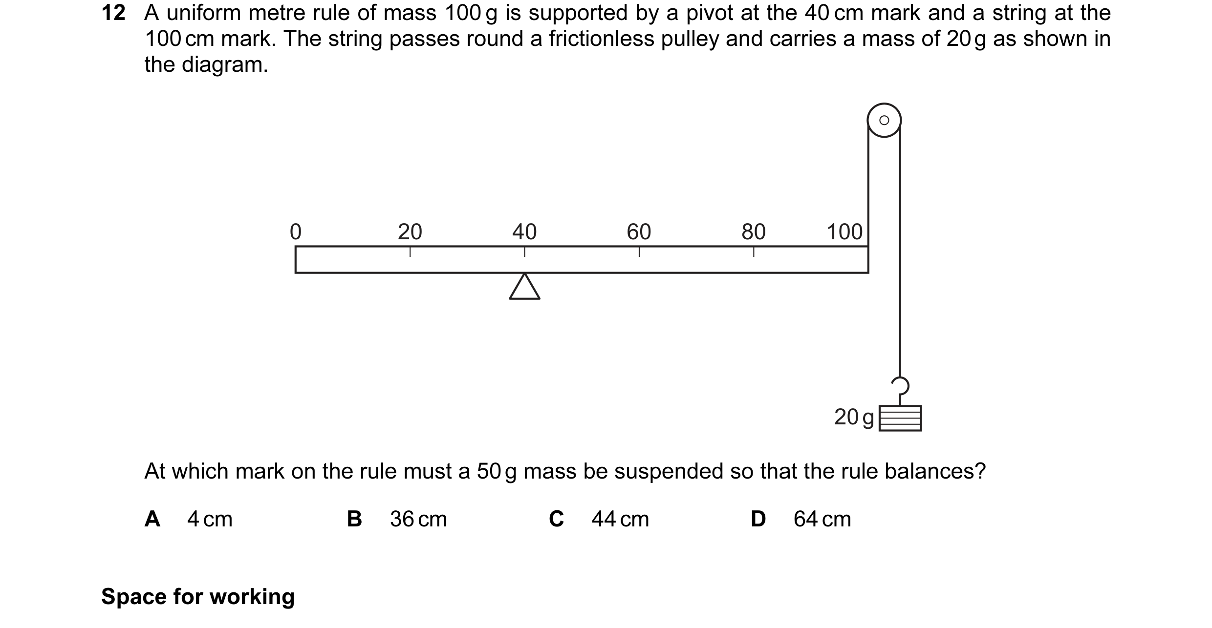 Question 22: A uniform metre rule of mass 100 g is supported by a pivot at the 40 cm mark and a string at the 100 cm mark. The string passes round a fri…