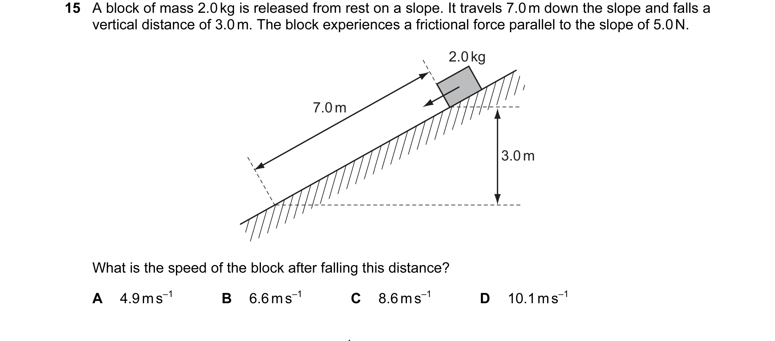 Question 26: A block of mass 2.0 kg is released from rest on a slope. It travels 7.0 m down the slope and falls a vertical distance of 3.0 m. The block …