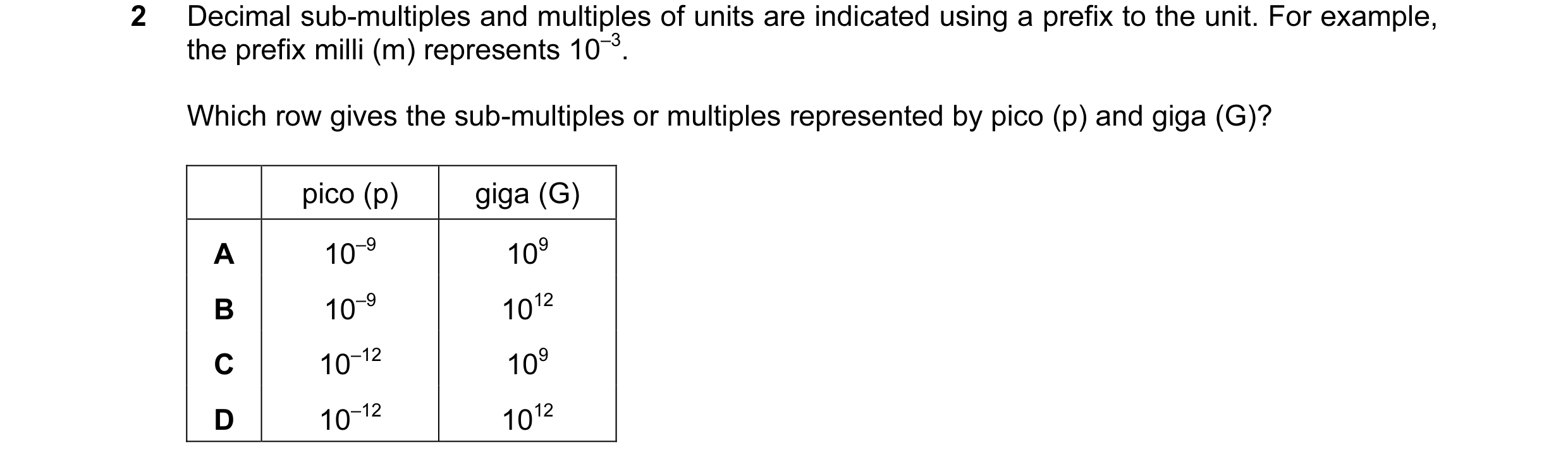 Question 26: Decimal sub-multiples and multiples of units are indicated using a prefix to the unit. For example, the prefix milli (m) represents 10–3. W…