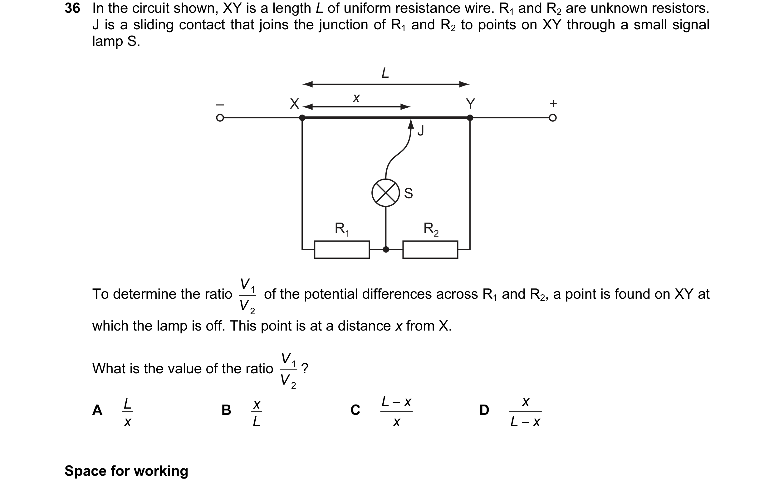 Question 19: In the circuit shown, XY is a length L of uniform resistance wire. R1 and R2 are unknown resistors. J is a sliding contact that joins the j…