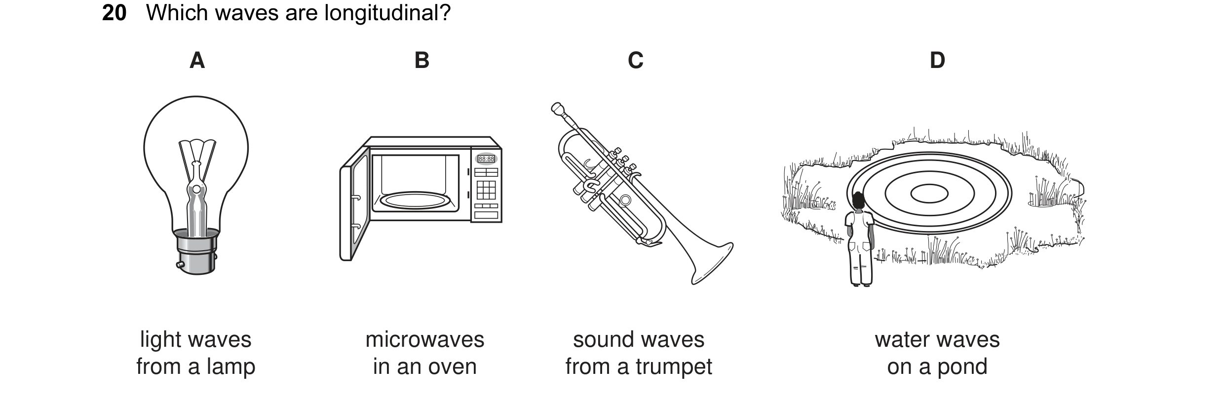 Question 31: Which waves are longitudinal? A B C D 88:88 light waves microwaves sound waves water waves from a lamp in an oven from a trumpet on a pond