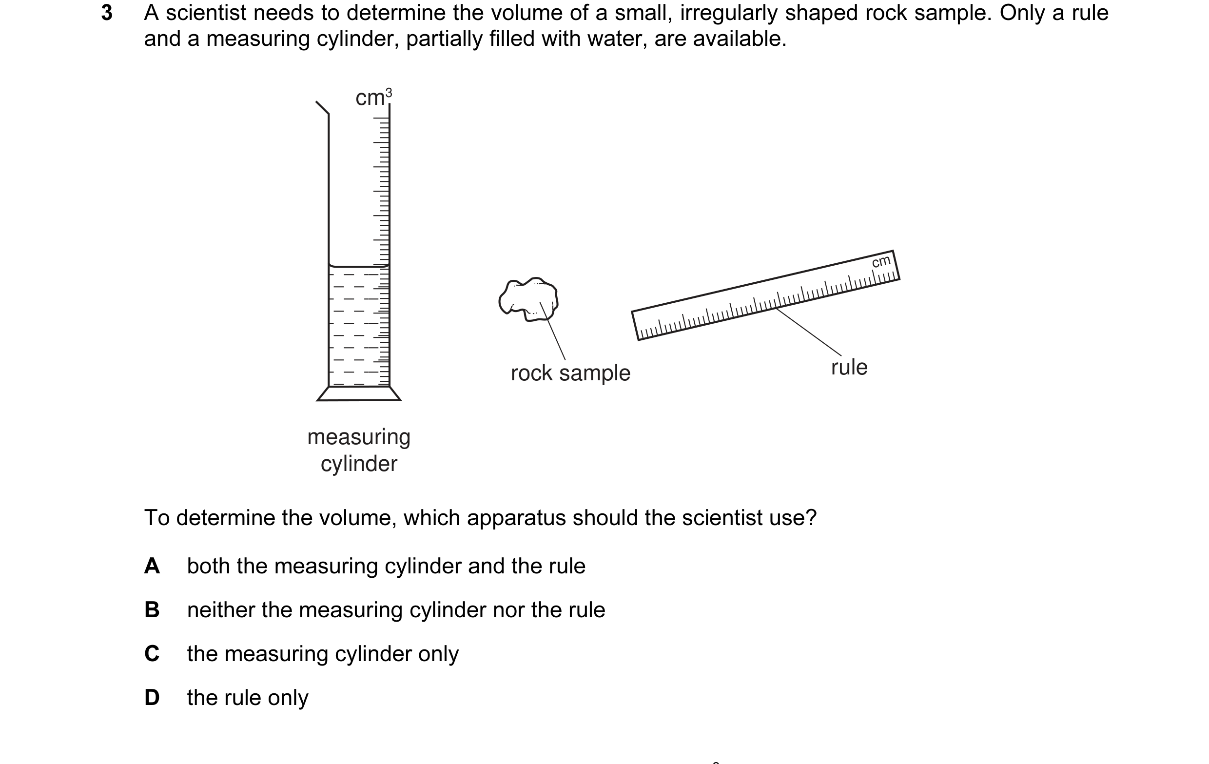 Question 29: A scientist needs to determine the volume of a small, irregularly shaped rock sample. Only a rule and a measuring cylinder, partially fille…