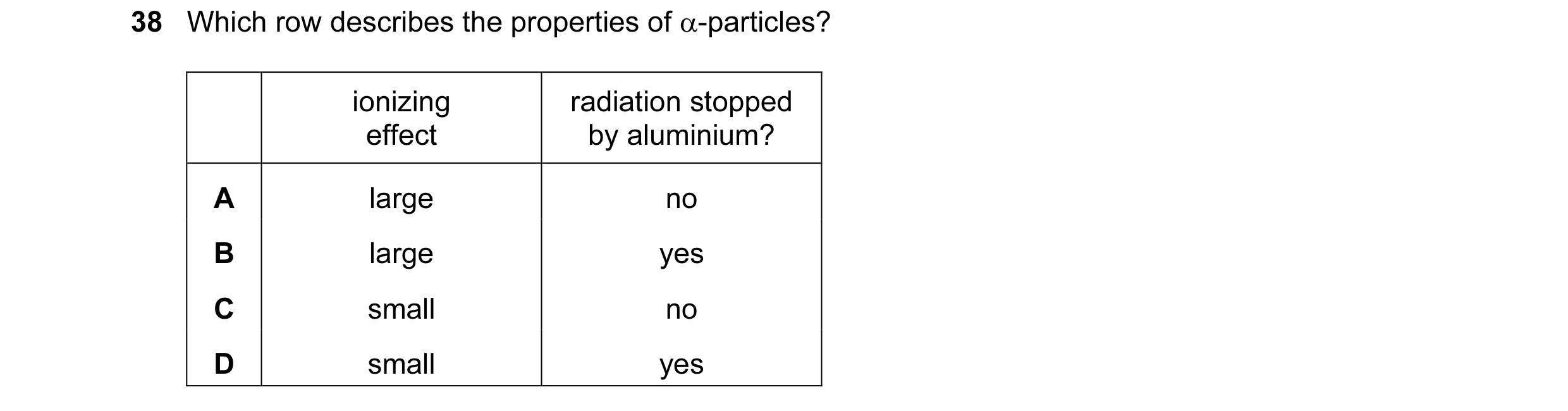 Question 27: Which row describes the properties of α-particles? ionizing radiation stopped effect by aluminium? A large no B large yes C small no D smal…