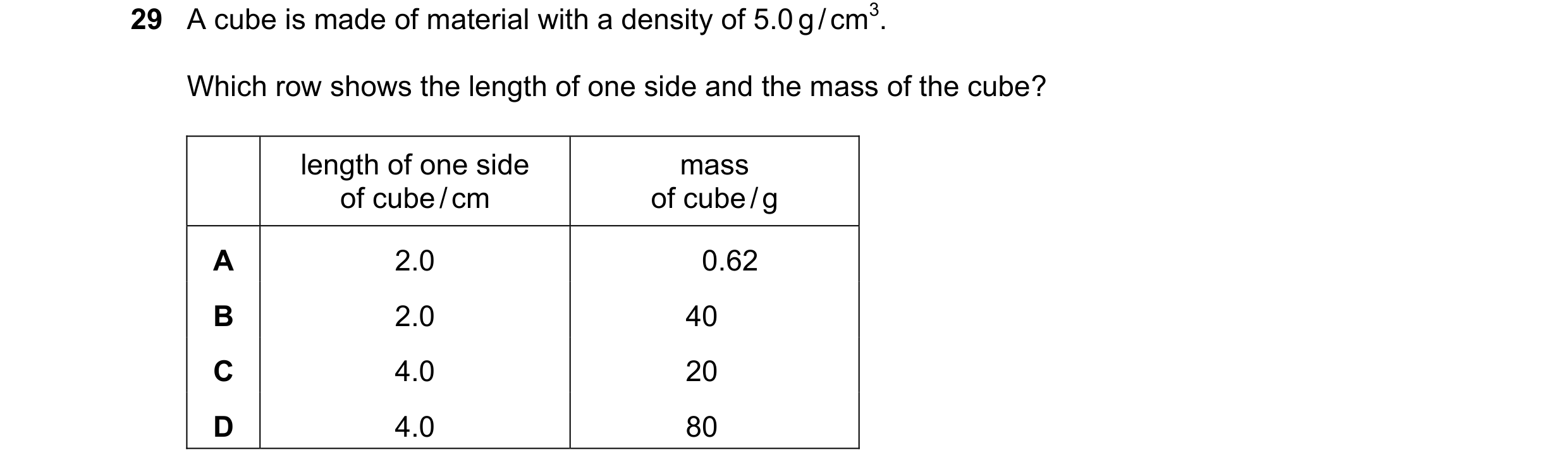 Question 25: A cube is made of material with a density of 5.0 g / cm3. Which row shows the length of one side and the mass of the cube? length of one si…
