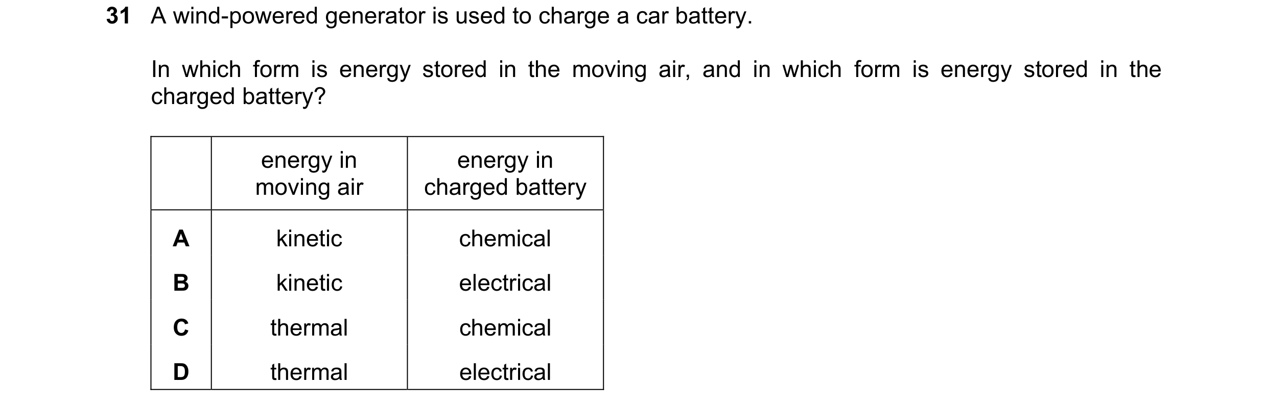 Question 99: A wind-powered generator is used to charge a car battery. In which form is energy stored in the moving air, and in which form is energy sto…