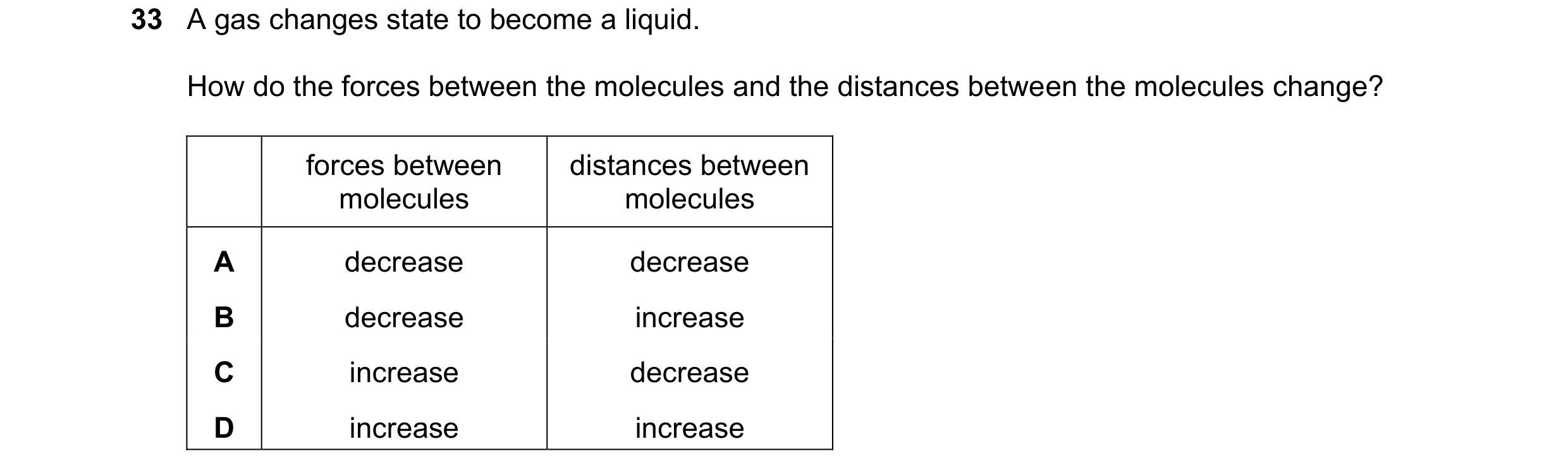 Question 55: A gas changes state to become a liquid. How do the forces between the molecules and the distances between the molecules change? forces betw…