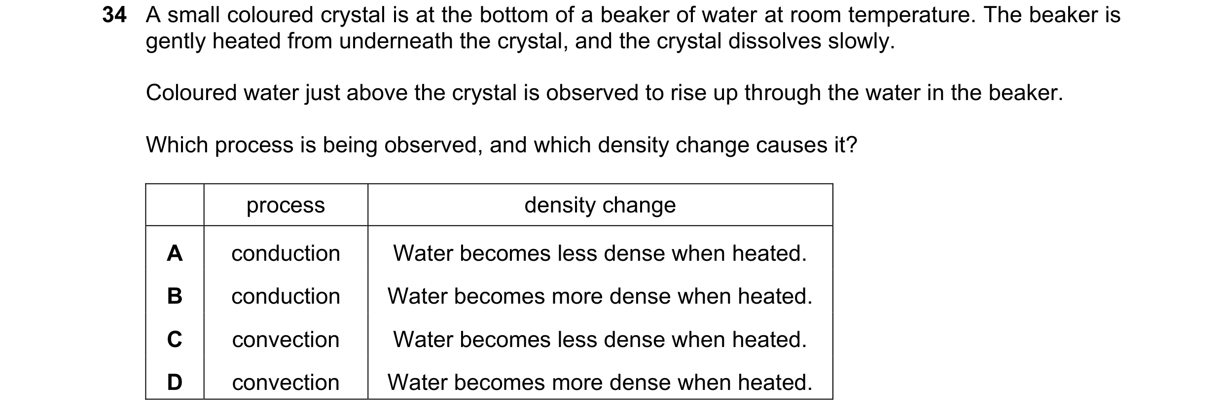Question 52: A small coloured crystal is at the bottom of a beaker of water at room temperature. The beaker is gently heated from underneath the crystal…