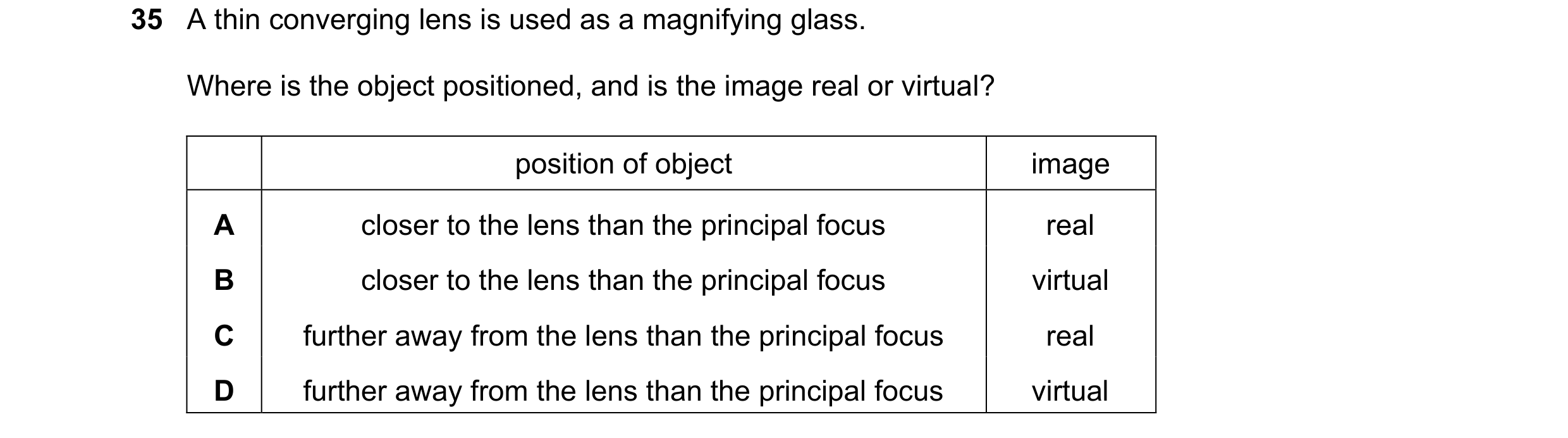 Question 50: A thin converging lens is used as a magnifying glass. Where is the object positioned, and is the image real or virtual? position of object …