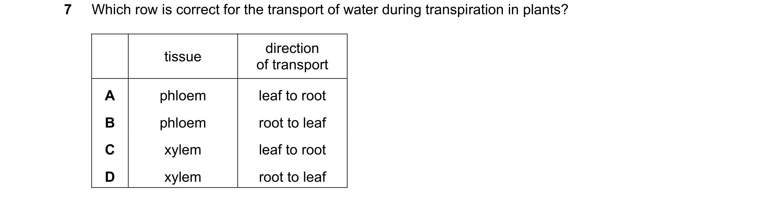 Question 22: Which row is correct for the transport of water during transpiration in plants? direction tissue of transport A phloem leaf to root B phloe…