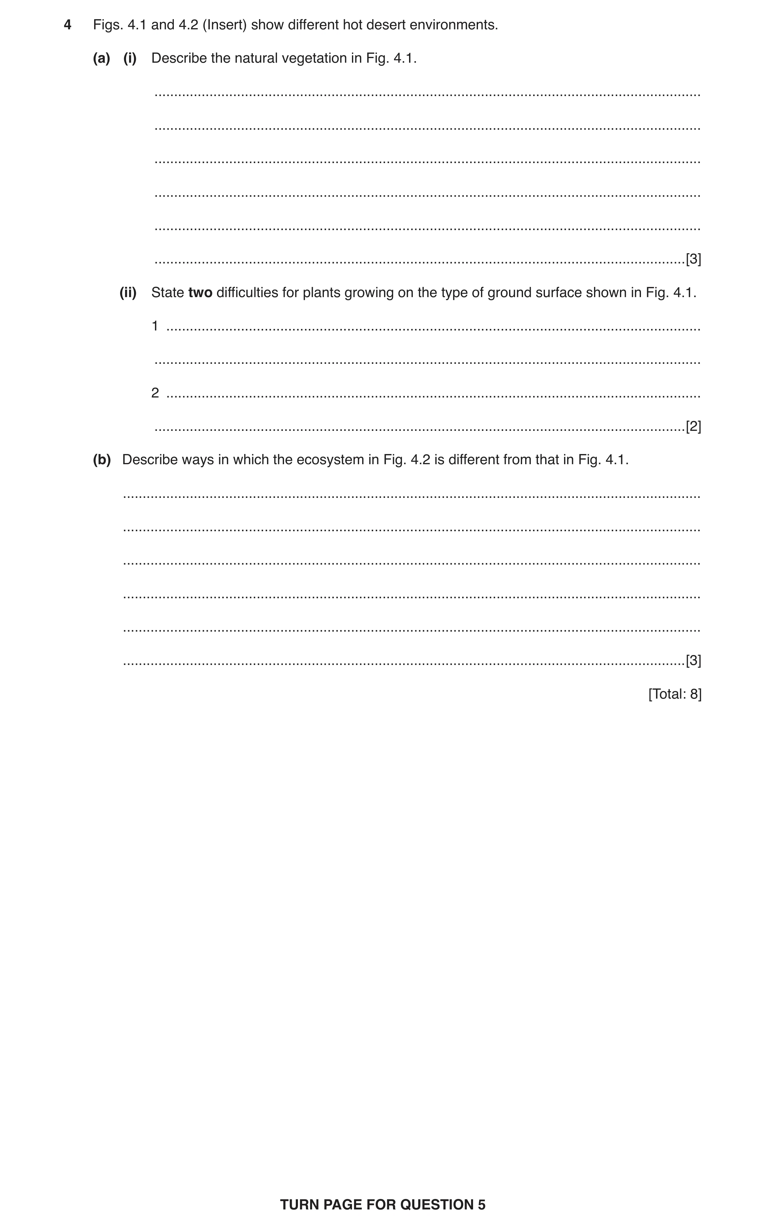 Question 12: Figs. 4.1 and 4.2 (Insert) show different hot desert environments. (a) (i) Describe the natural vegetation in Fig. 4.1. ...................…