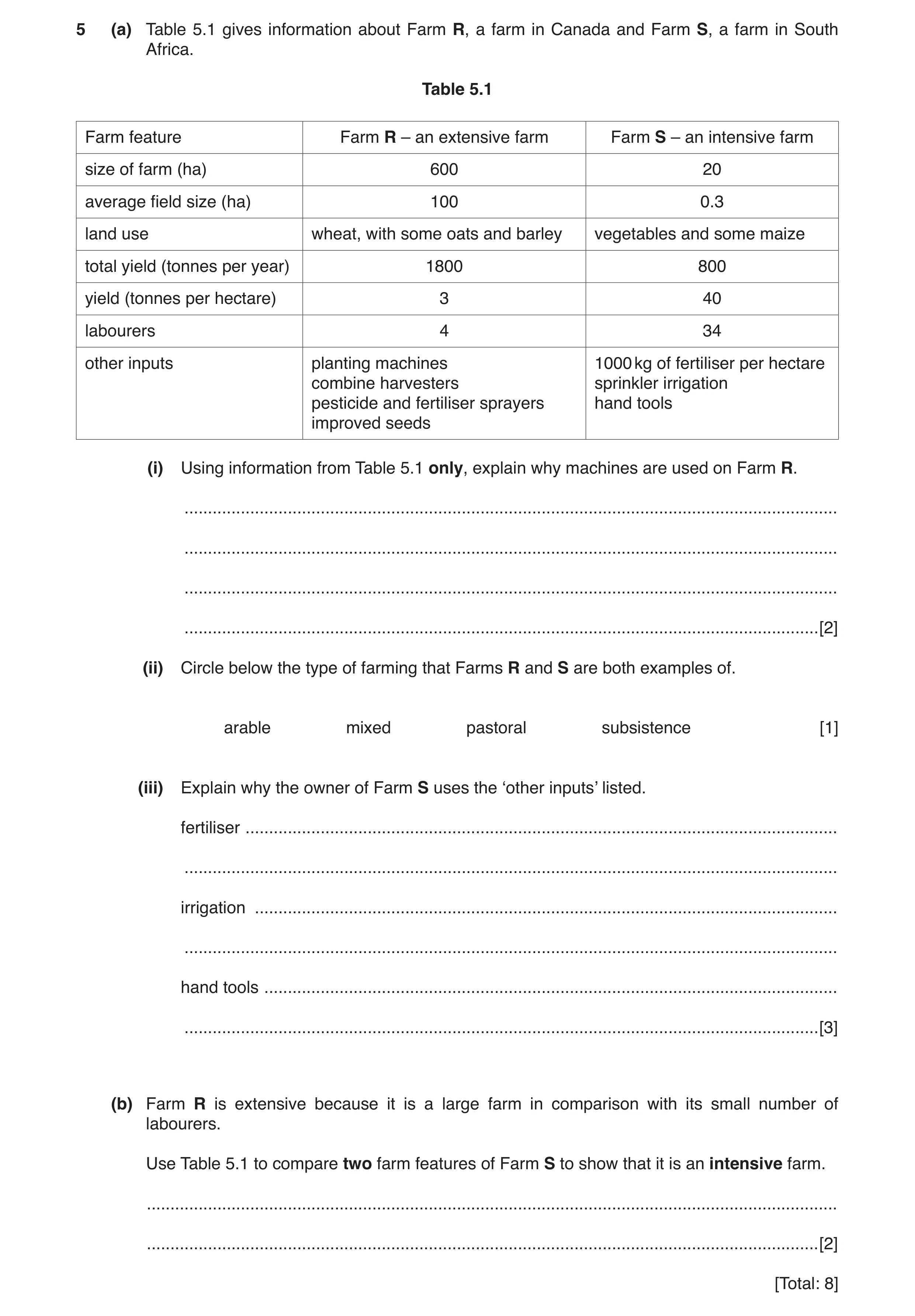 Question 10: (a) Table 5.1 gives information about Farm R, a farm in Canada and Farm S, a farm in South Africa. Table 5.1 Farm feature Farm R – an exten…