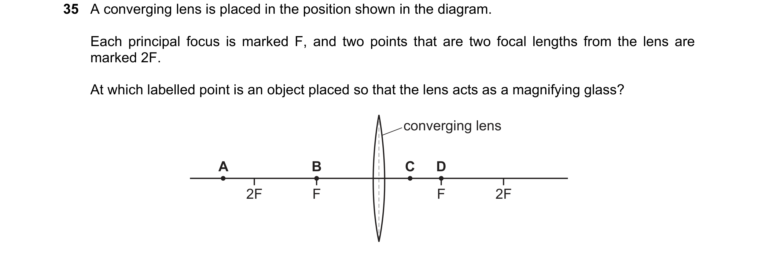 Question 18: A converging lens is placed in the position shown in the diagram. Each principal focus is marked F, and two points that are two focal lengt…