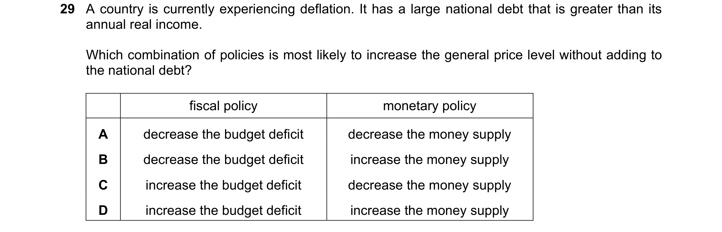 Question 78: A country is currently experiencing deflation. It has a large national debt that is greater than its annual real income. Which combination …