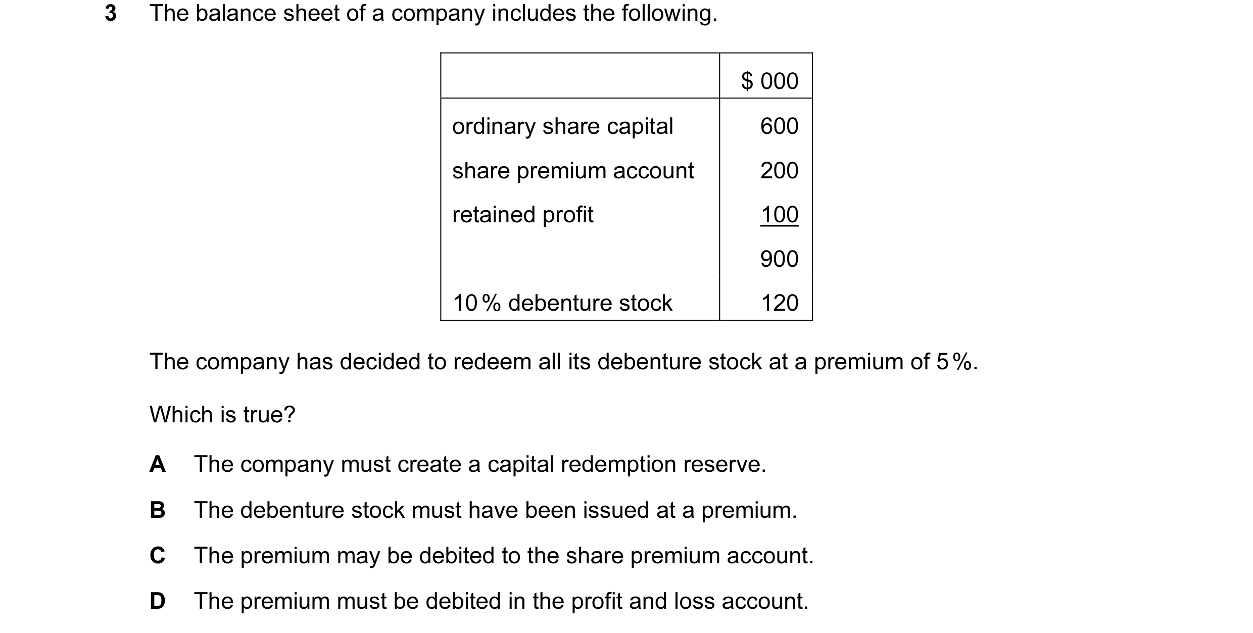 Question 1: The balance sheet of a company includes the following. $ 000 ordinary share capital 600 share premium account 200 retained profit 100 900 1…