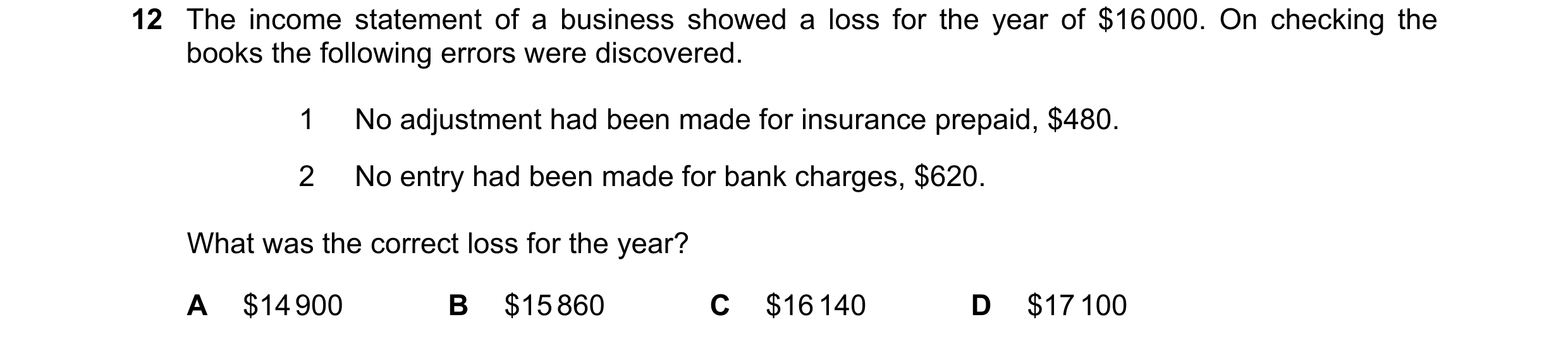 Question 9: The income statement of a business showed a loss for the year of $16 000. On checking the books the following errors were discovered. 1 No …