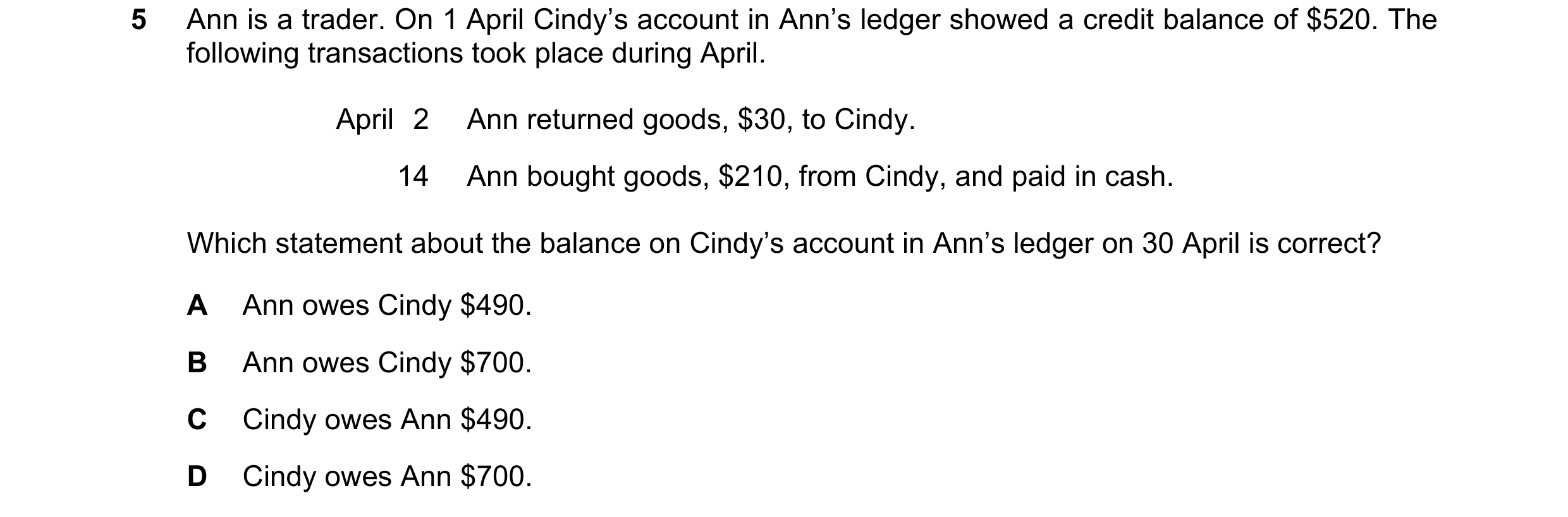 Question 10: Ann is a trader. On 1 April Cindy’s account in Ann’s ledger showed a credit balance of $520. The following transactions took place during A…