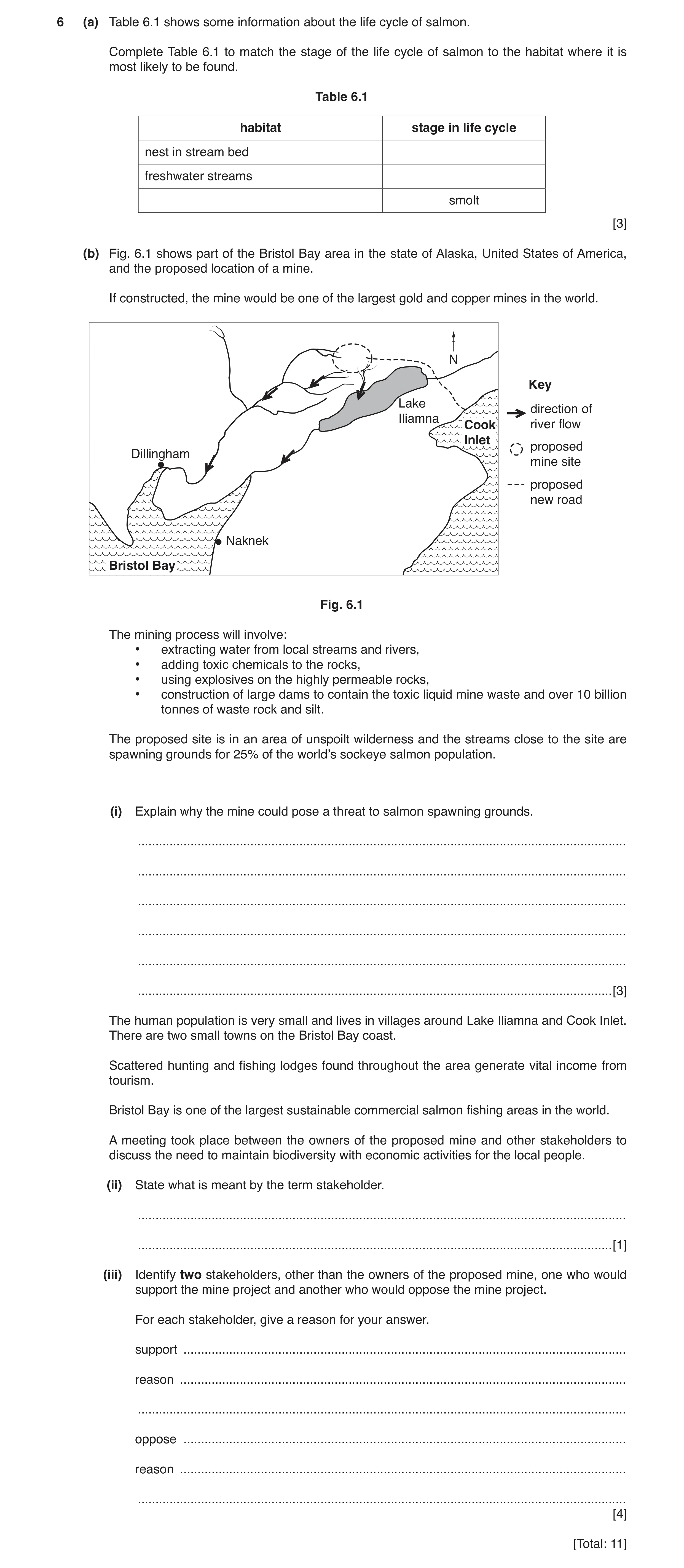 Question 3: (a) Table 6.1 shows some information about the life cycle of salmon. Complete Table 6.1 to match the stage of the life cycle of salmon to t…