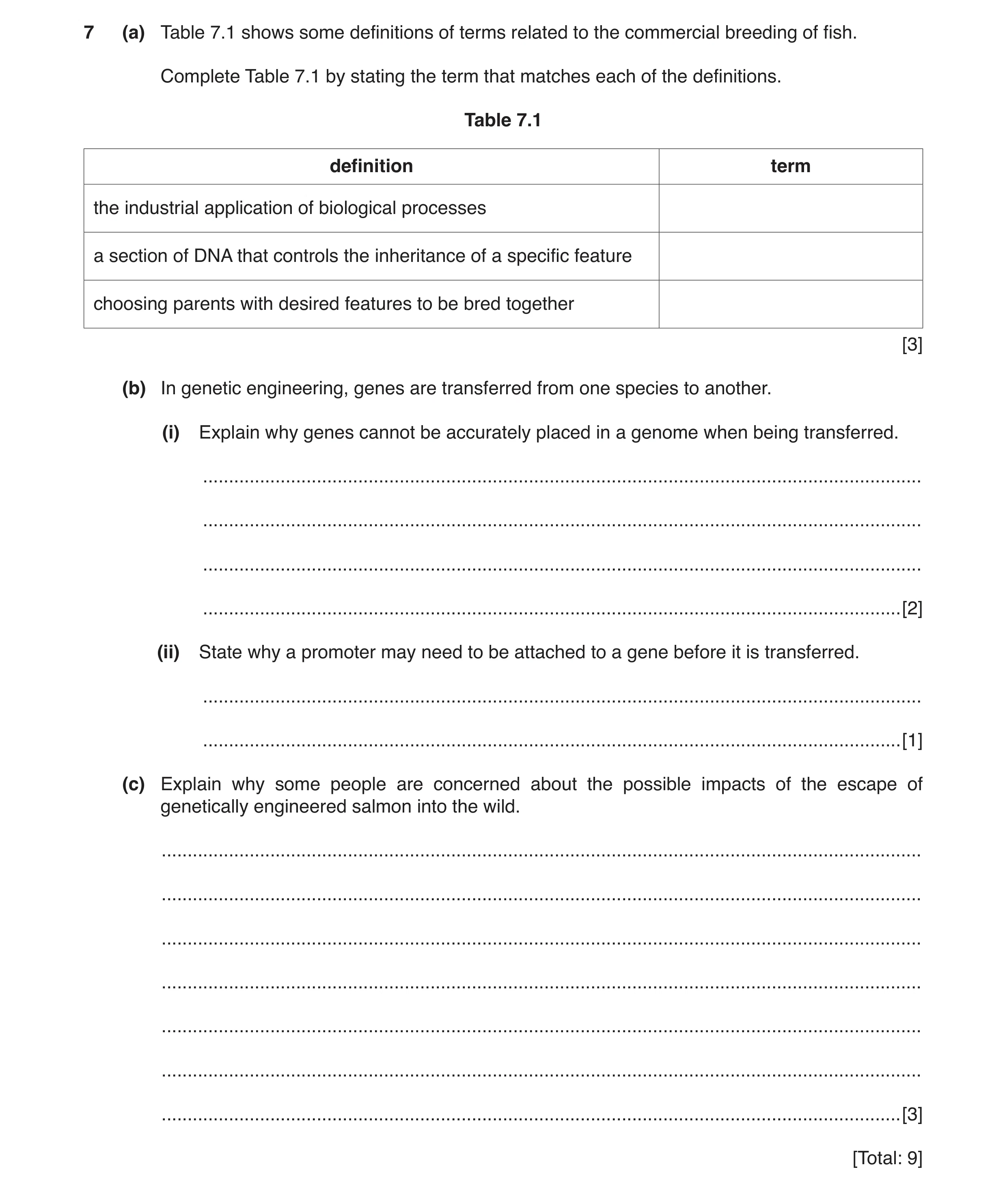 Question 2: (a) Table 7.1 shows some definitions of terms related to the commercial breeding of fish. Complete Table 7.1 by stating the term that match…