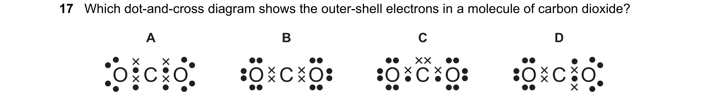 Question 40: Which dot-and-cross diagram shows the outer-shell electrons in a molecule of carbon dioxide? A B C D O C O O C O O C O O C O