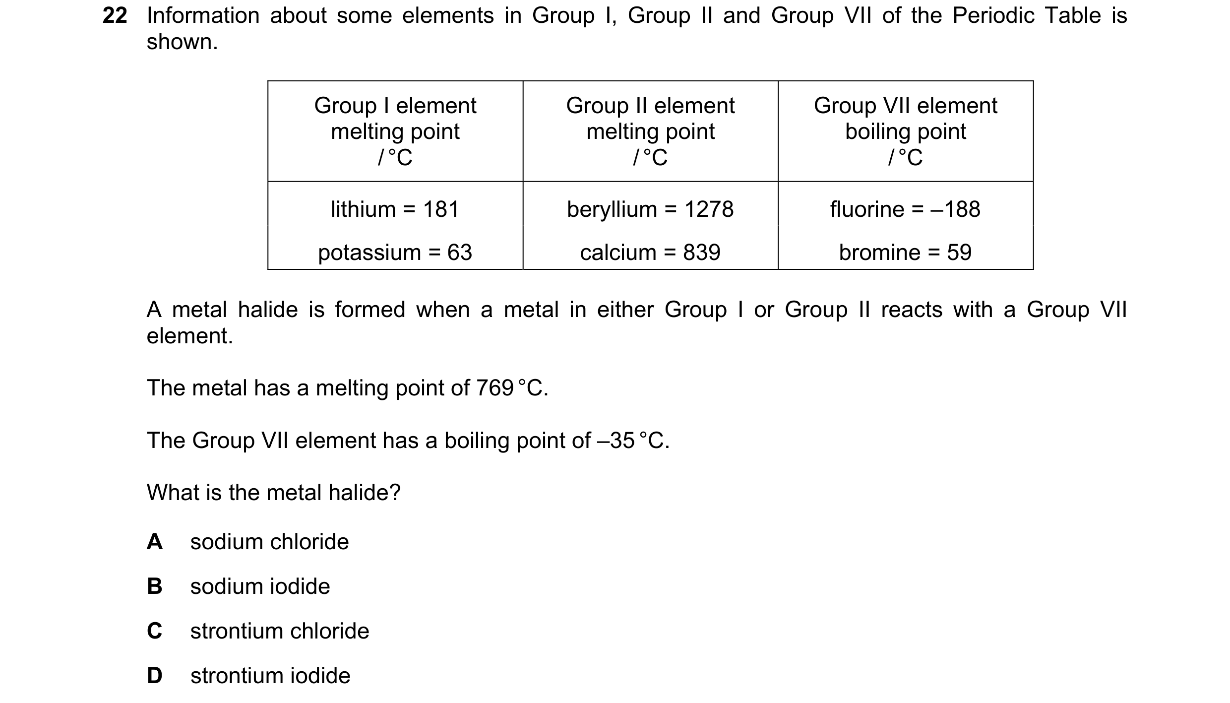 Question 14: Information about some elements in Group I, Group II and Group VII of the Periodic Table is shown. Group I element Group II element Group V…