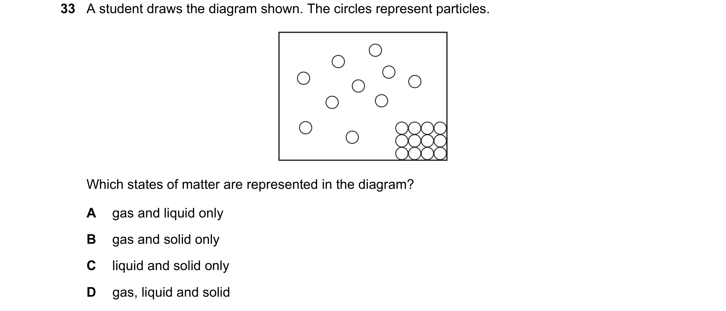 Question 59: A student draws the diagram shown. The circles represent particles. Which states of matter are represented in the diagram? A gas and liquid…