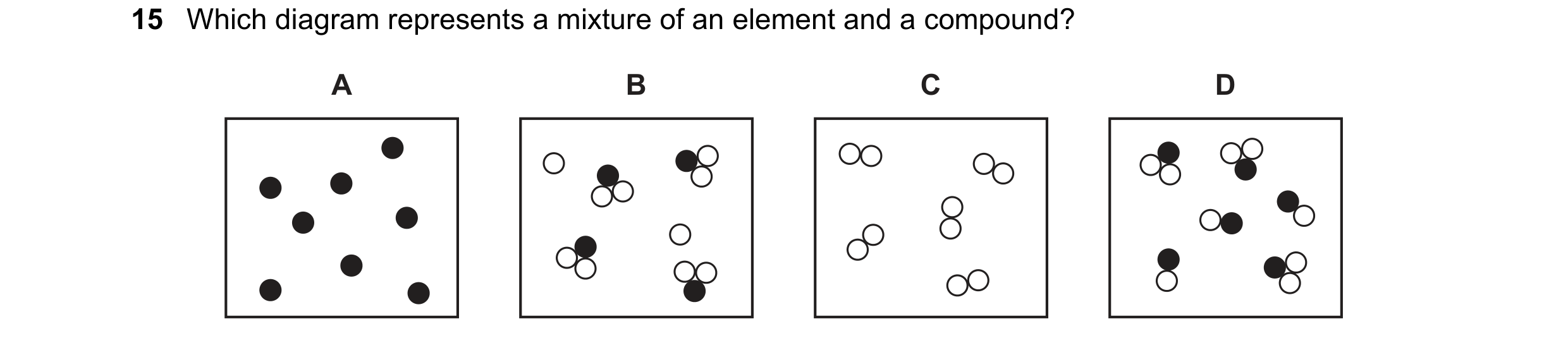 Question 46: Which diagram represents a mixture of an element and a compound? A B C D