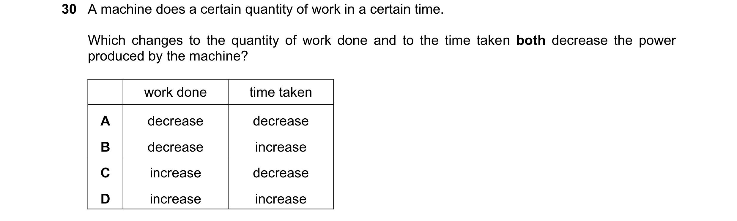 Question 100: A machine does a certain quantity of work in a certain time. Which changes to the quantity of work done and to the time taken both decrease…