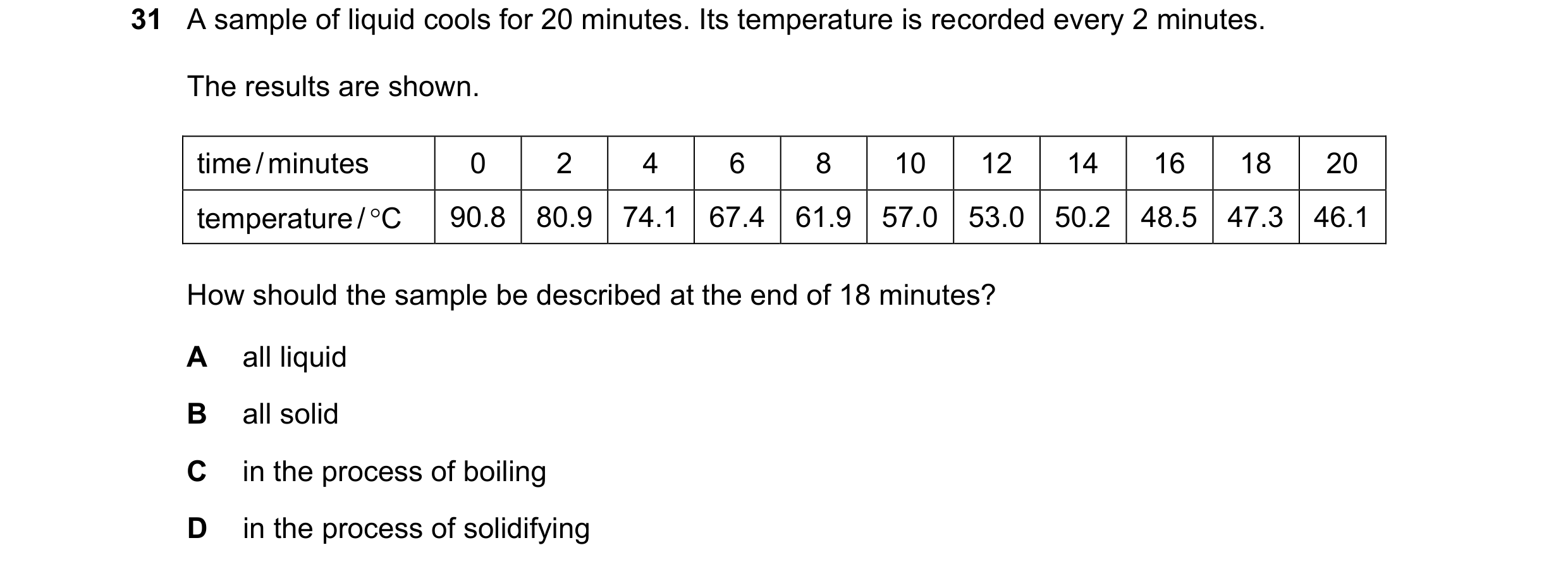 Question 64: A sample of liquid cools for 20 minutes. Its temperature is recorded every 2 minutes. The results are shown. time / minutes 0 2 4 6 8 10 12…