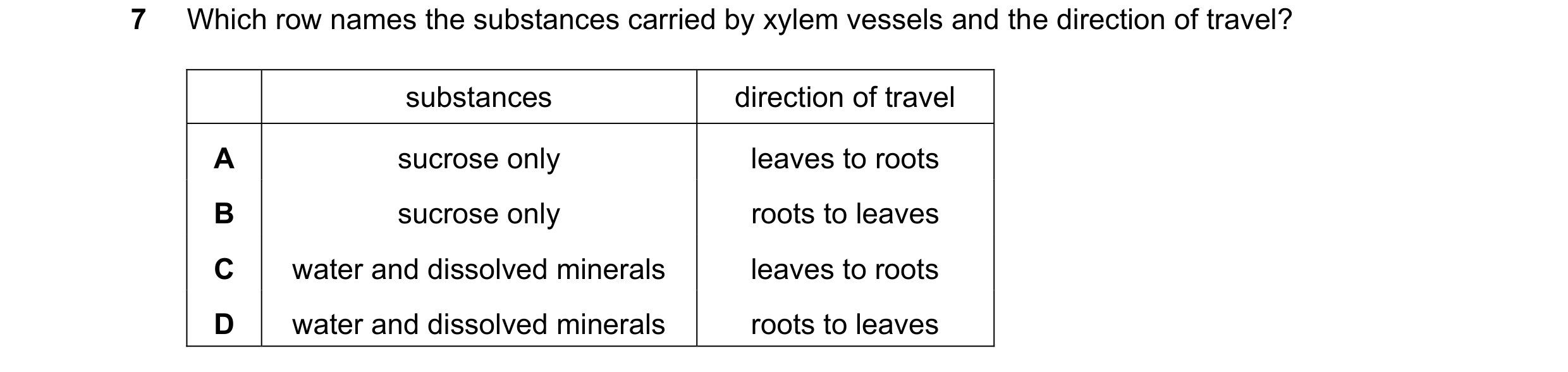 Question 18: Which row names the substances carried by xylem vessels and the direction of travel? substances direction of travel A sucrose only leaves t…