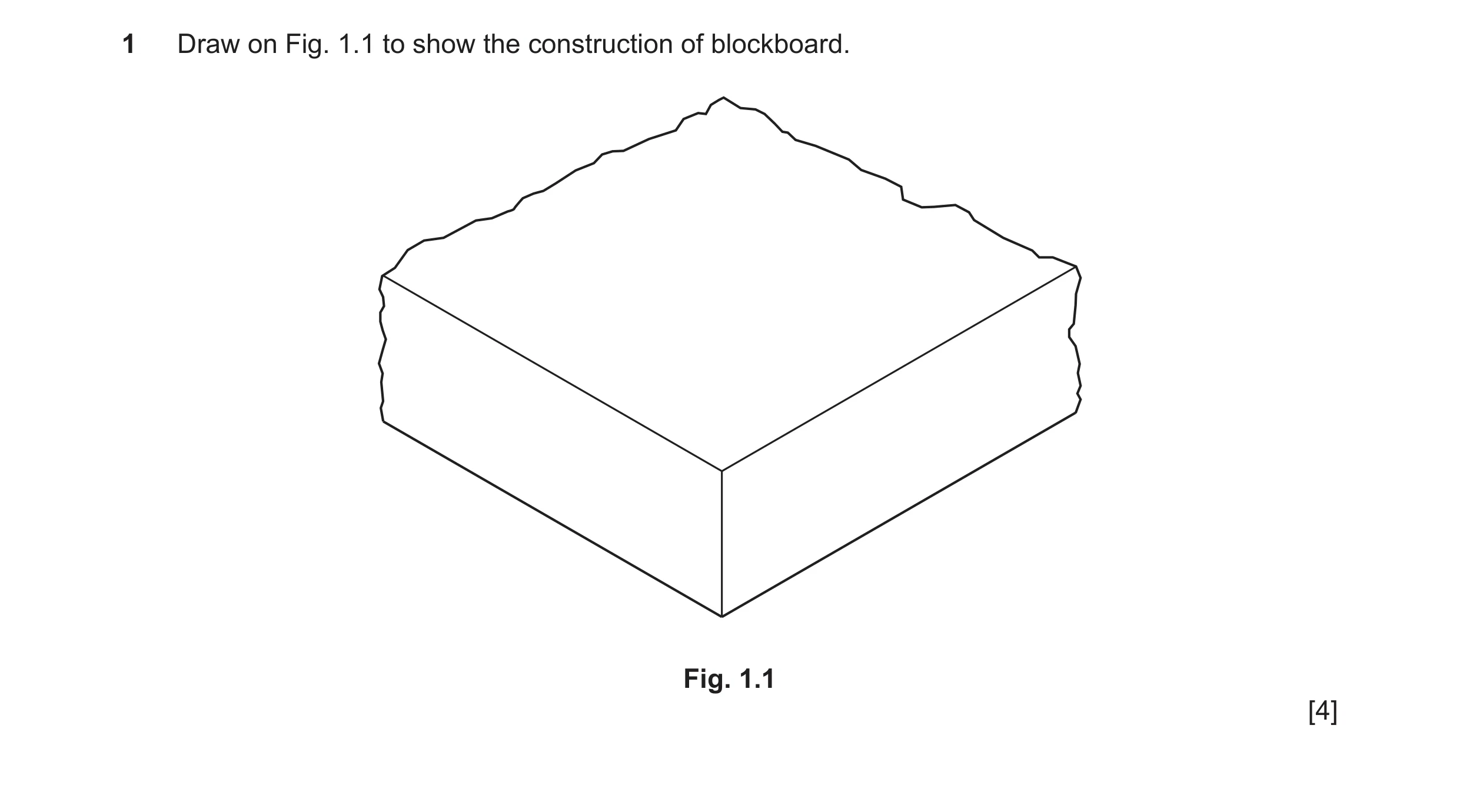 Question 224: Draw on Fig. 1.1 to show the construction of blockboard. Fig. 1.1 [4]