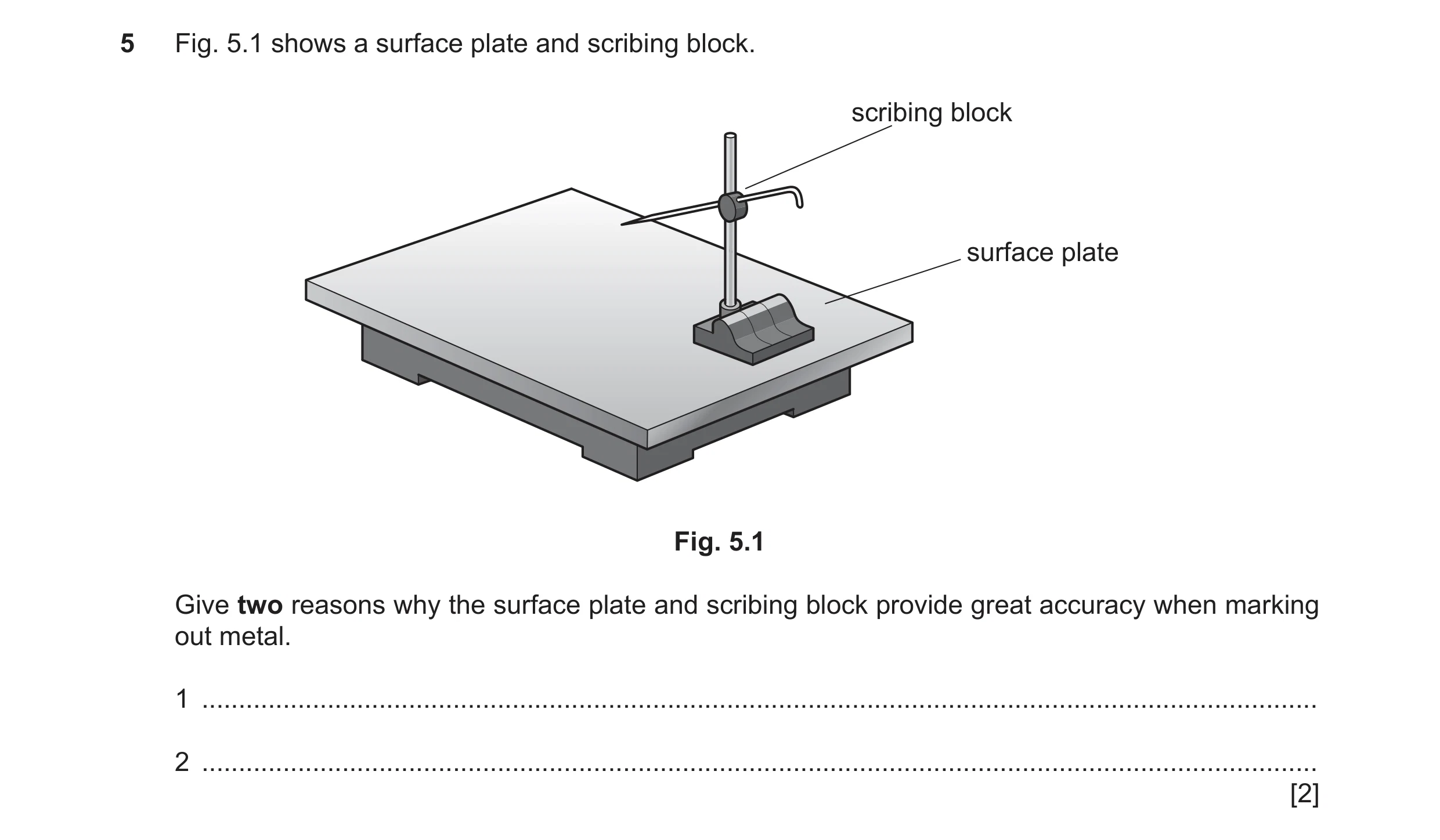 Question 227: Fig. 5.1 shows a surface plate and scribing block. scribing block surface plate Fig. 5.1 Give two reasons why the surface plate and scribin…