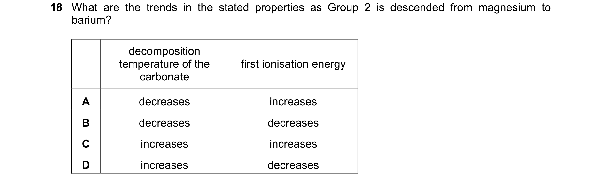 Question 181: What are the trends in the stated properties as Group 2 is descended from magnesium to barium? decomposition temperature of the first ionis…