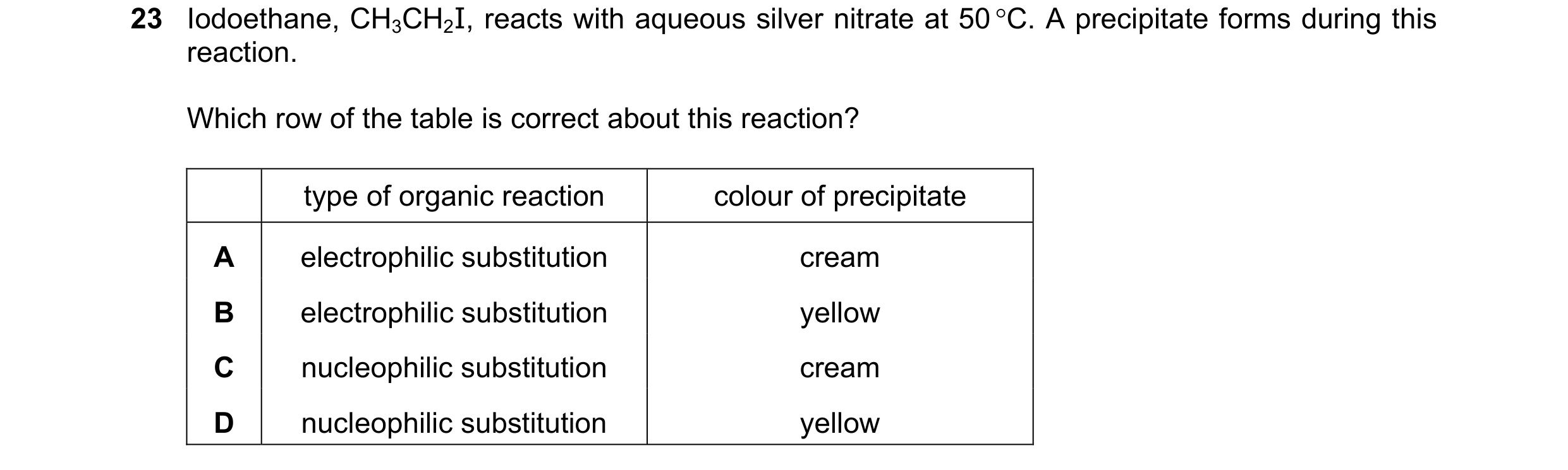 Question 182: Iodoethane, CH3CH2I, reacts with aqueous silver nitrate at 50 C. A precipitate forms during this reaction. Which row of the table is corre…
