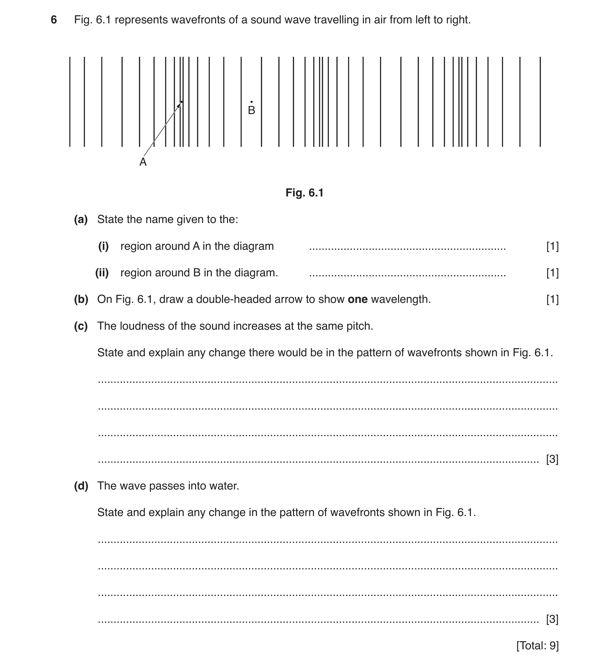 Question 11: Fig. 6.1 represents wavefronts of a sound wave travelling in air from left to right. B A Fig. 6.1 (a) State the name given to the: (i) regi…