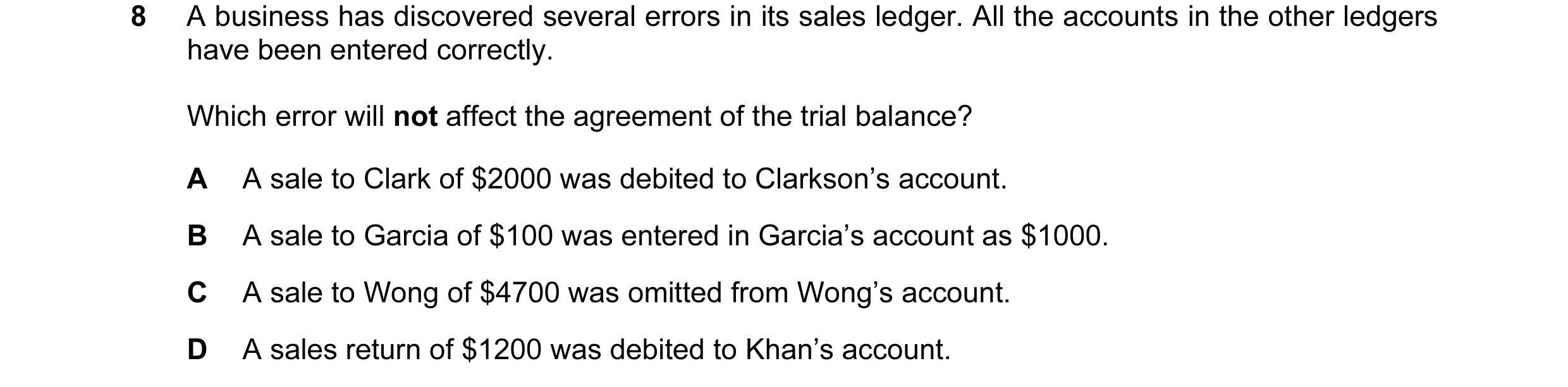 Question 27: A business has discovered several errors in its sales ledger. All the accounts in the other ledgers have been entered correctly. Which erro…