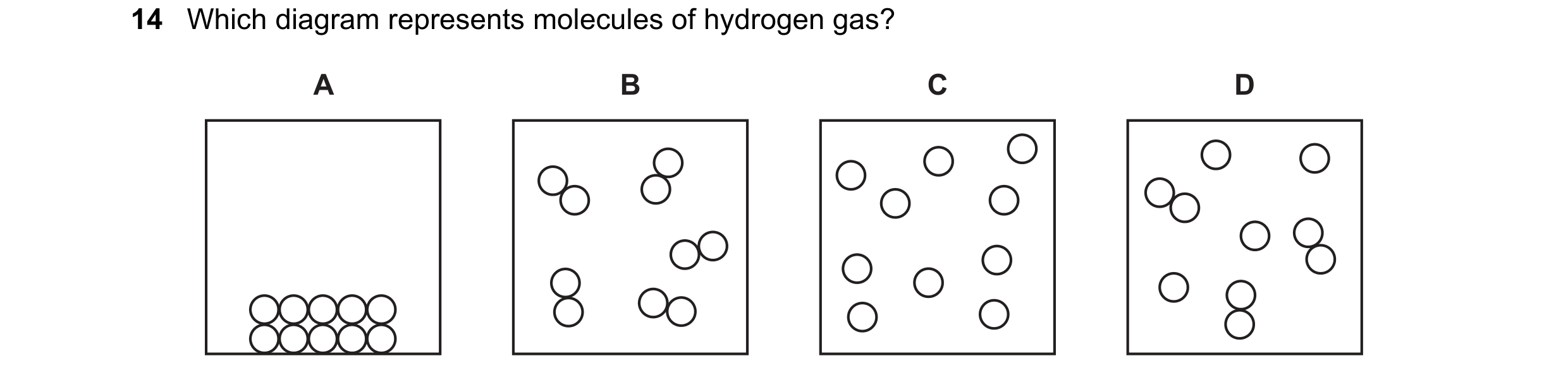Question 38: Which diagram represents molecules of hydrogen gas? A B C D