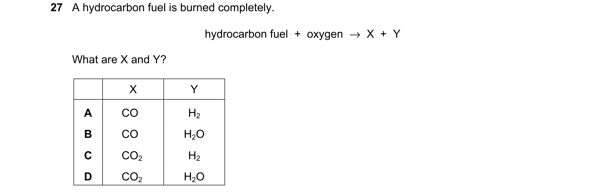 Question 52: A hydrocarbon fuel is burned completely. hydrocarbon fuel + oxygen → X + Y What are X and Y? X Y A CO H2 B CO H2O C CO2 H2 D CO2 H2O