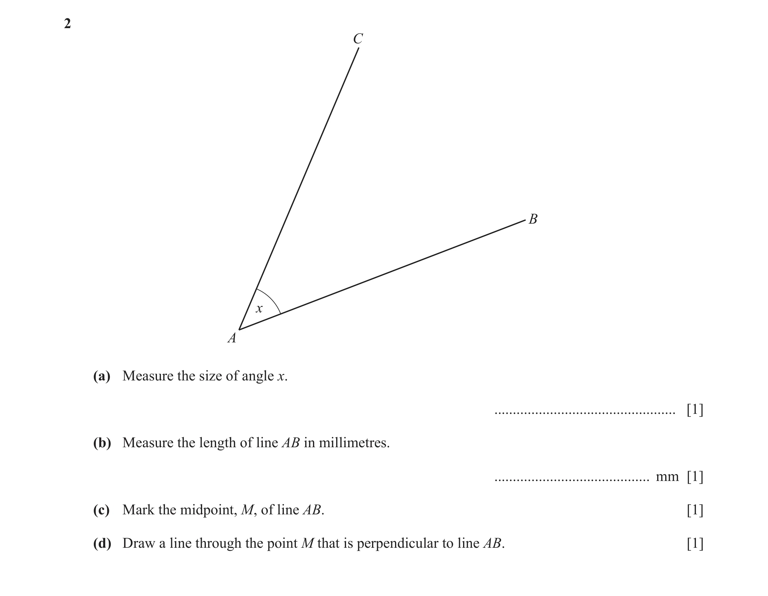 Question 121: C B x A (a) Measure the size of angle x. ................................................. [1] (b) Measure the length of line AB in millime…