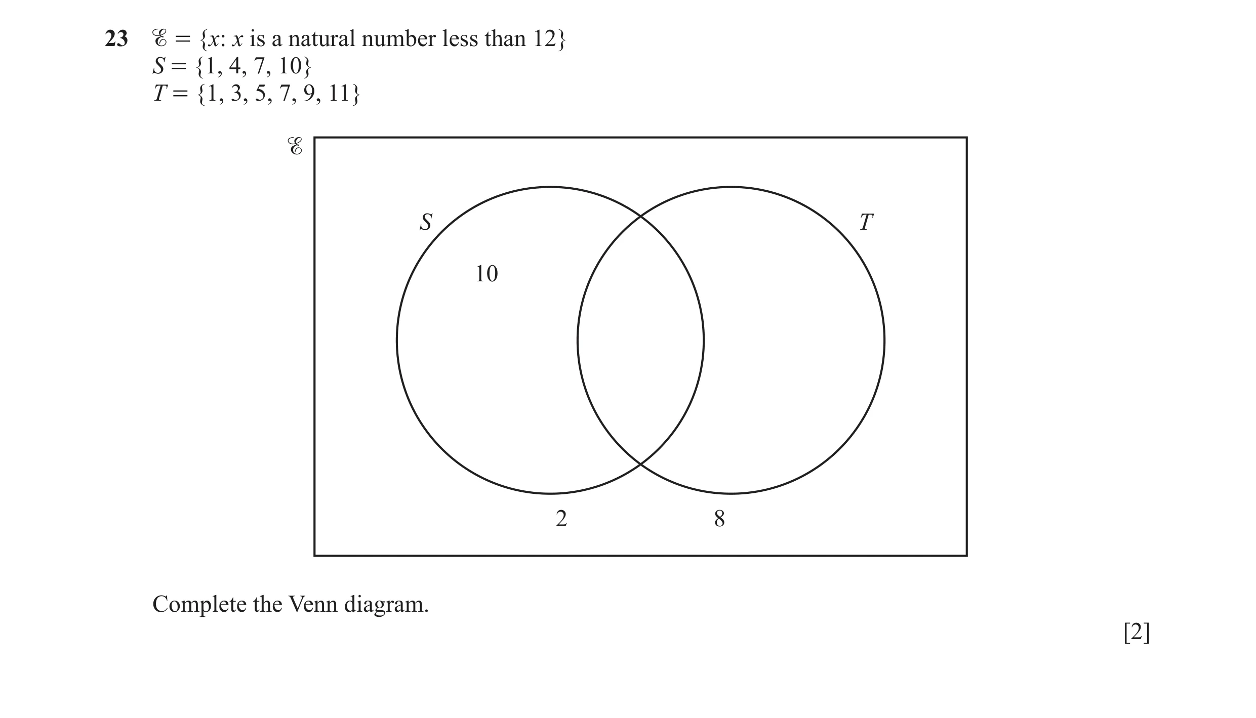 Question 13: % = {x: x is a natural number less than 12} S = {1, 4, 7, 10} T = {1, 3, 5, 7, 9, 11} S T 10 2 8 Complete the Venn diagram. [2]
