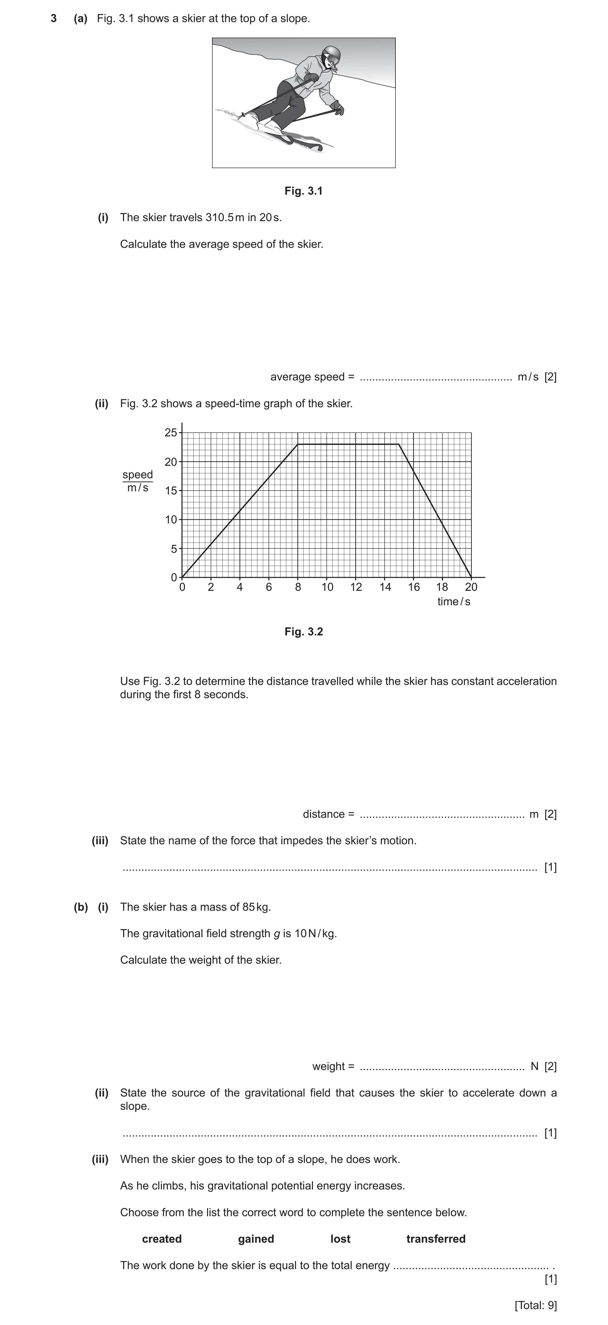 Question 24: (a) Fig. 3.1 shows a skier at the top of a slope. Fig. 3.1 (i) The skier travels 310.5 m in 20 s. Calculate the average speed of the skier.…